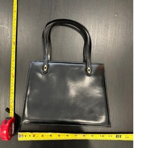 Vintage Black Leather Structured Handbag Gold Hardware Top Handle Tote Bag